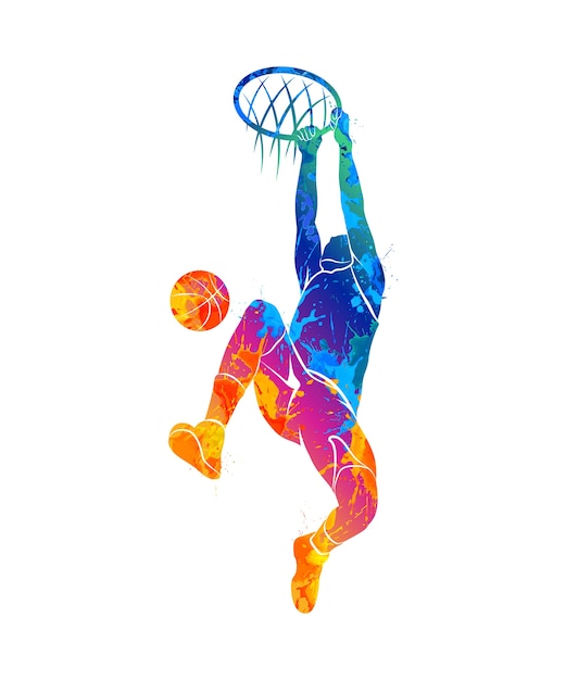 Jogador de basquete de silhueta com bola de respingos de aquarelas. ilustração de tintas.