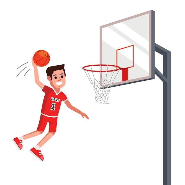 Jogador de basquete joga a bola na cesta de basquete. ilustração plana.