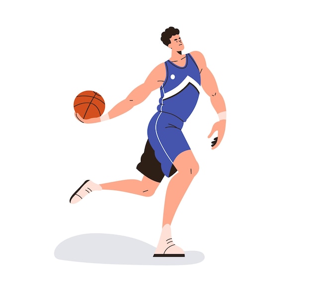 Jogador de basquete jogando jogo de esportes, correndo com bola laranja na mão, passando, jogando. atleta de homem forte, esportista treinando de uniforme. ilustração em vetor plana isolada no fundo branco.