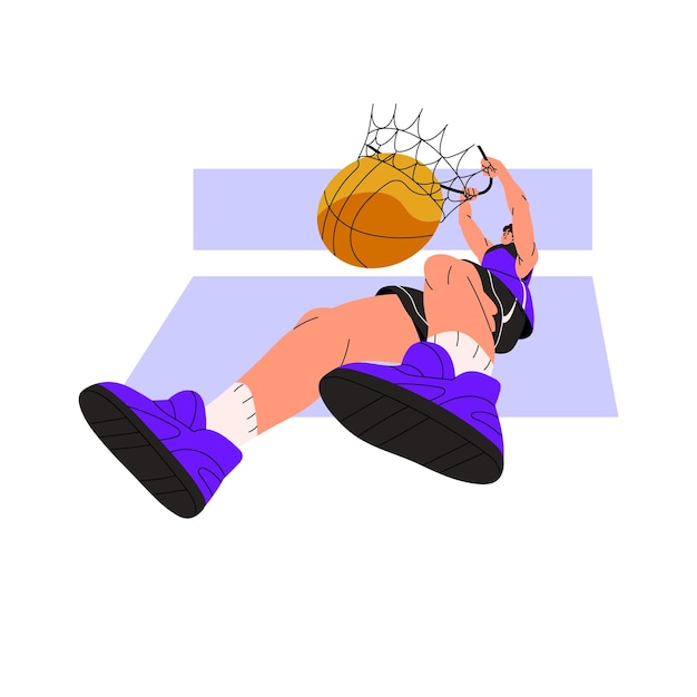 Jogador de basquete pulando jogando bola na cesta de rede lançado gol marcado de jogar atleta no jogo de esporte de ação ilustração em vetor gráfico plano isolada no fundo branco