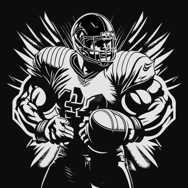 Jogador de futebol americano braços grandes como hulk segurando futebol americano vista frontal corpo em pé