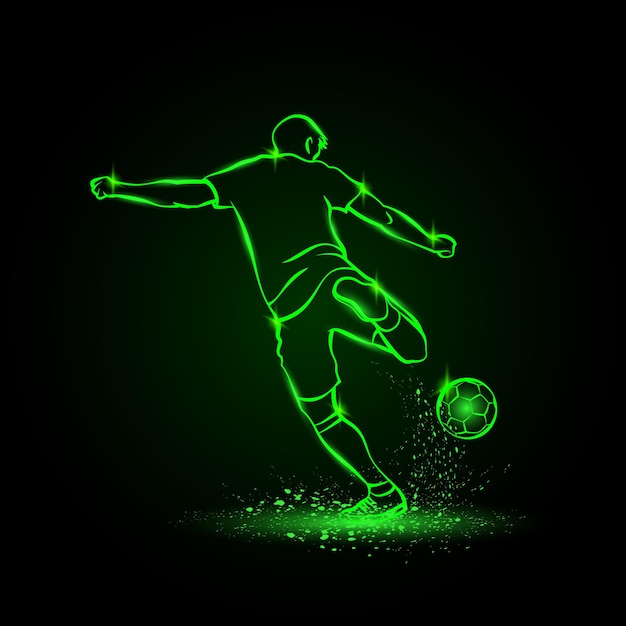 Jogador de futebol bate a bola no escuro Ilustração de néon verde do esporte de futebola