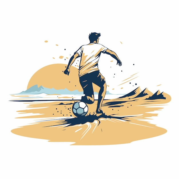 Jogador de futebol chutando a bola na praia ilustração vetorial