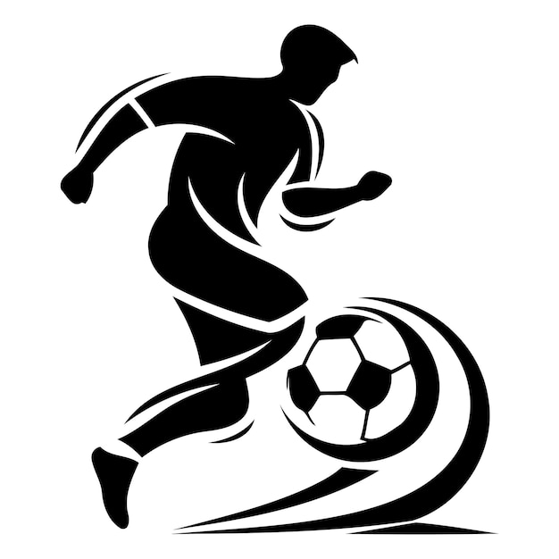Jogador de futebol chutando a bola silhueta preta em fundo branco