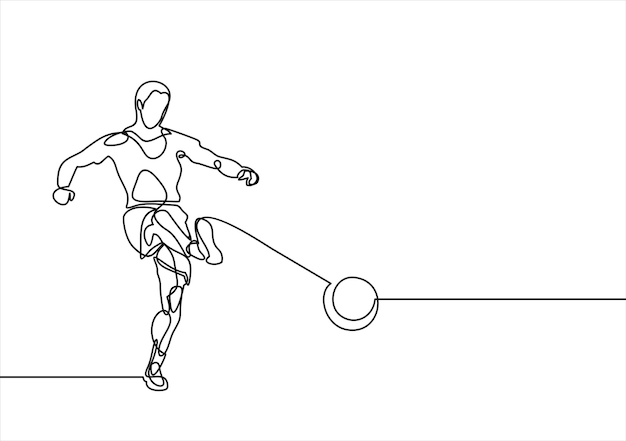 Jogador de futebol chutando bola de futebol linha contínua