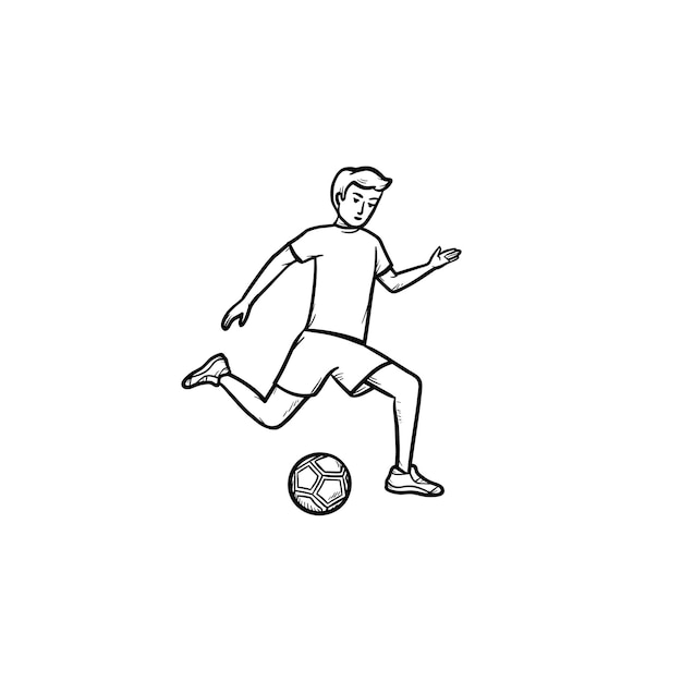 Jogador de futebol chutando o ícone de doodle de contorno desenhado de mão de bola. esporte de equipe, treinamento de futebol, conceito de jogo de futebol. ilustração de desenho vetorial para impressão, web, mobile e infográficos em fundo branco.