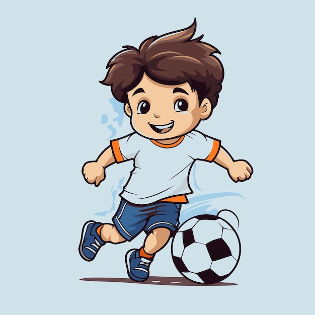 Vetor jogador de futebol de desenho animado menino correndo e chutando a bola ilustração vetorial