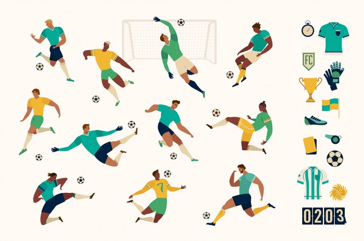 Jogador de futebol de futebol conjunto de caracteres isolados e moderno conjunto de ícones de futebol e futebol. ilustração.