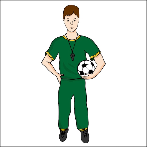 Jogador de futebol. Menino segurando uma bola. Treinador de futebol. Ilustração de futebol de rabiscos desenhados à mão.