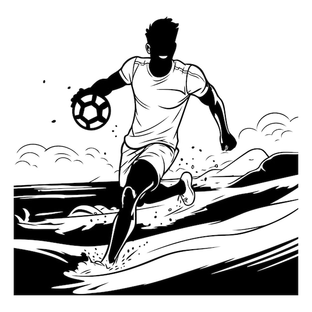 Vetor jogador de futebol na praia ilustração vetorial em preto e branco