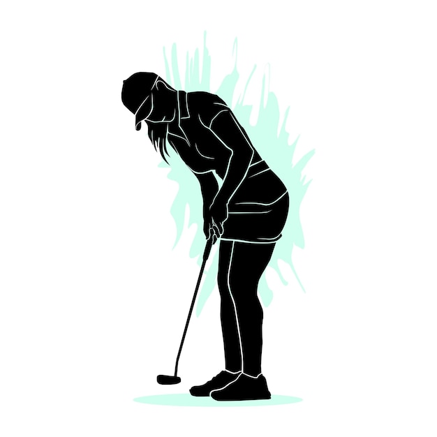 Jogador de golfe feminino batendo a bola isolada em um fundo branco. ilustração vetorial