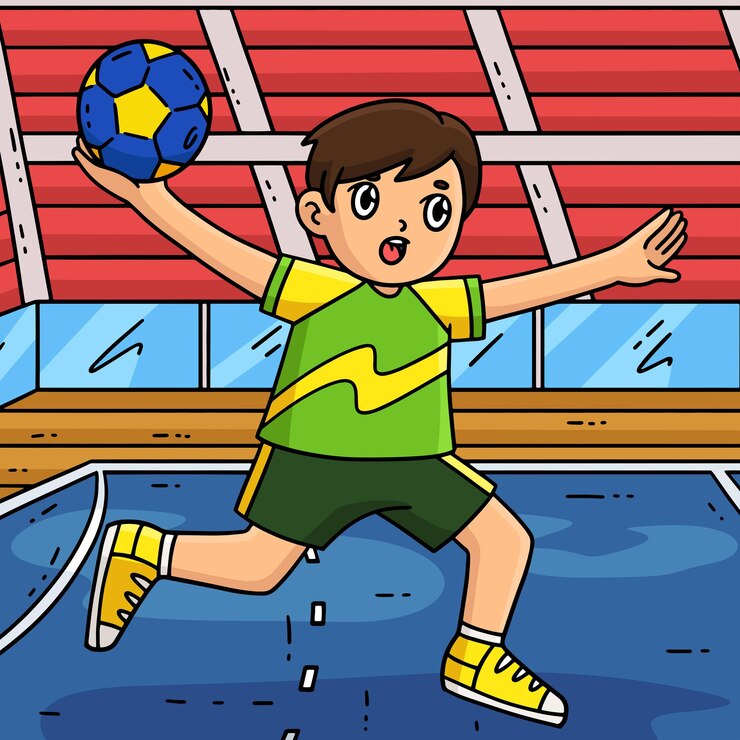 Vetor jogador de handebol fazendo um tiro de salto desenho animado colorido