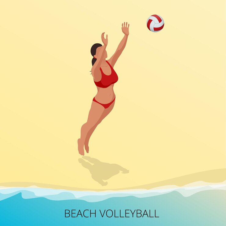 Vetor jogador de voleibol isométrico em uma praia pulando acerta a bola. conceito de fitness ou treinamento. campeonato desportivo competição internacional de vôlei de praia