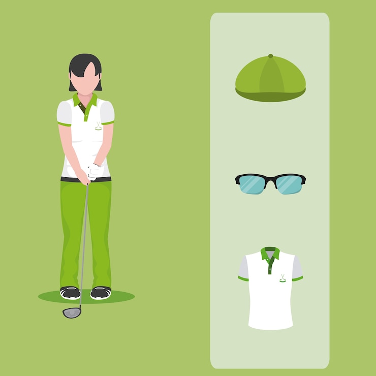 Vetor jogador golfe, com, accesories, caricatura, conceito