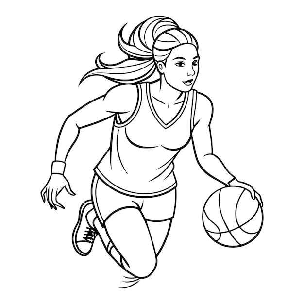 Vetor jogadora de basquete feminina desenho de linha contínua