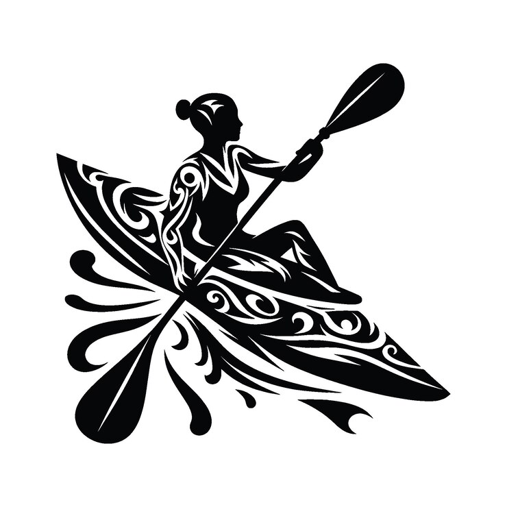 Vetor jogadora de caiaque em padrão étnico tribal ilustração emblema escudo crachá