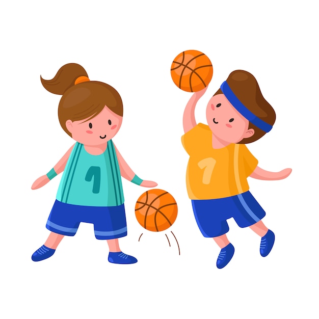 Jogadores de basquete com bola - bonito dos desenhos animados menino e menina isolado no branco, pessoas fazendo esporte