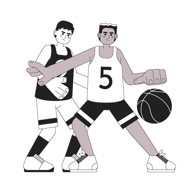 Jogadores de basquete com bola monocromática conceito vector spot ilustração esporte de equipe homens jogando basquete 2d flat bw personagens de desenho animado para web ui design isolado editável imagem de herói desenhada à mão