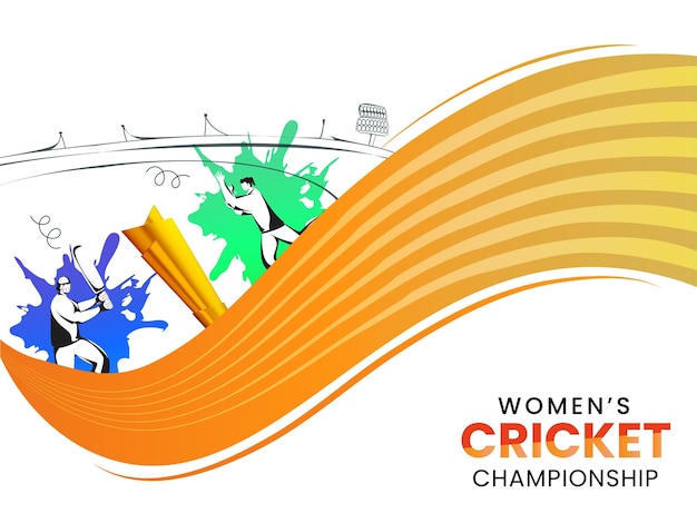 Jogadores de críquete estilo doodle em pose de jogo com efeito de respingo de cor e onda abstrata sobre fundo branco para o conceito de campeonato feminino