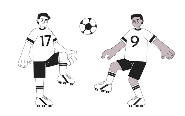 Jogadores de futebol chutando bola monocromático conceito vetor spot ilustração Equipe de futebol Jogo 2D plano bw personagens de desenho animado para web UI design Campeonato isolado editable mão desenhada imagem de herói