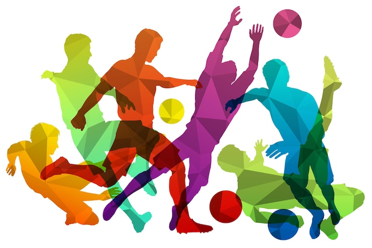 Vetor jogadores de futebol com bola. silhuetas de times de futebol esportivos decoradas com padrão de mosaico de triângulo. jogadores de futebol e goleiro posando com bola. ilustração vetorial isolada