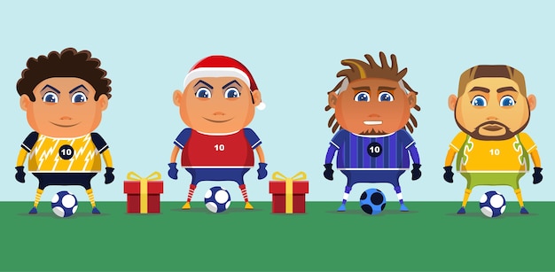 Jogadores de futebol com camisetas azuis e vermelhas comemoram o natal com um presente