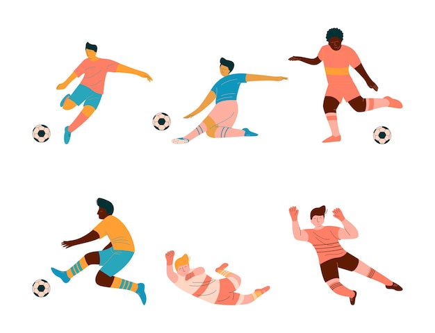Jogadores de futebol em uniforme chutando bolas set Atletas pulando correndo e chutando bola de futeblol ilustração vetorial de desenho animado