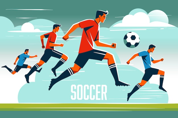 Vetor jogadores de futebol ilustrados chutando a bola no campo de futebal conceito de aptidão ilustração vetorial plana