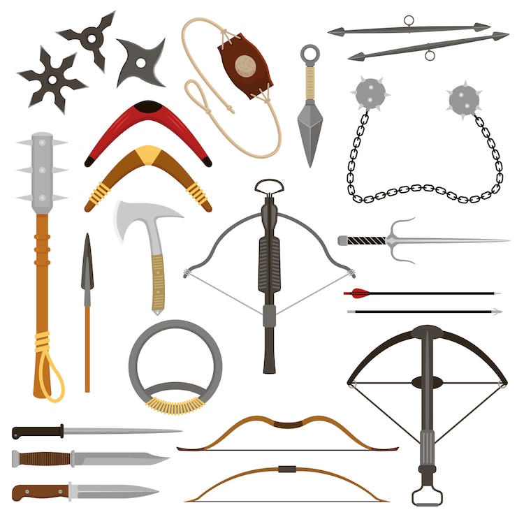 Vetor jogando arma besta setas afiadas e faca ou machado conjunto de armamento de ilustração de ninja-kunai ou shuriken e arpão de lidar com equipamento de armadura isolado no fundo branco