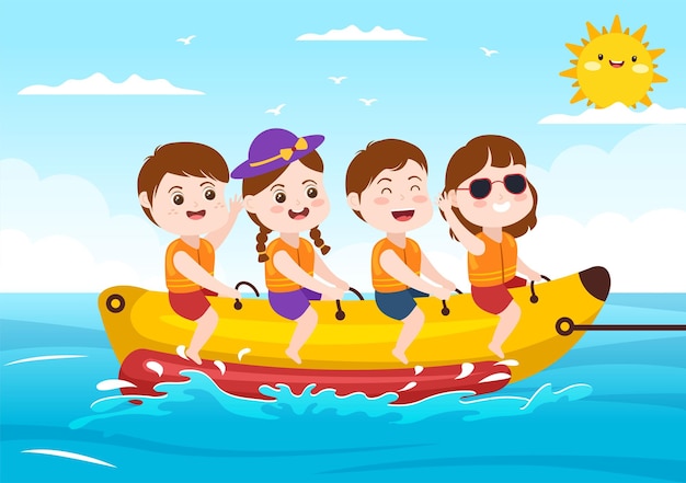 Jogando banana boat e jet ski holidays no mar em atividades de praia ilustração desenhada à mão