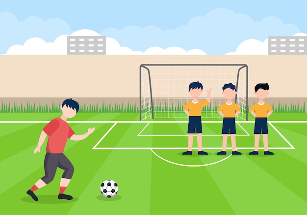 Vetor jogando futebol com meninos jogar futebol vestir uniforme esportivo vários movimentos, como chutar, segurar, defender, aparar e atacar em campo. ilustração vetorial