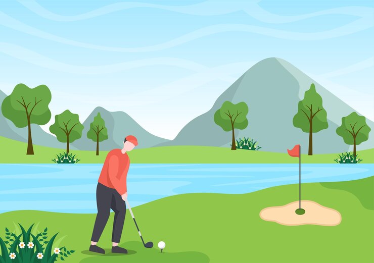 Vetor jogando ilustração de esporte de golfe com bandeiras e equipamentos em plantas verdes de quintal ao ar livre