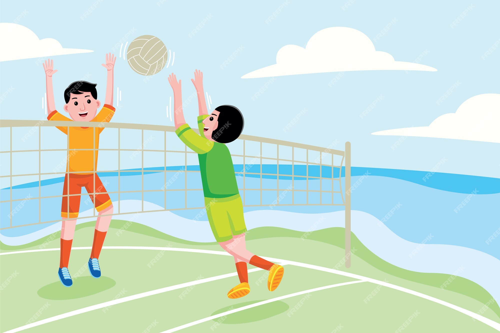 pessoas jogar voleibol em a de praia - a conceito do de praia voleibol é  uma popular esporte, ativo jogos em a de praia. vetor plano ilustração  24183594 Vetor no Vecteezy