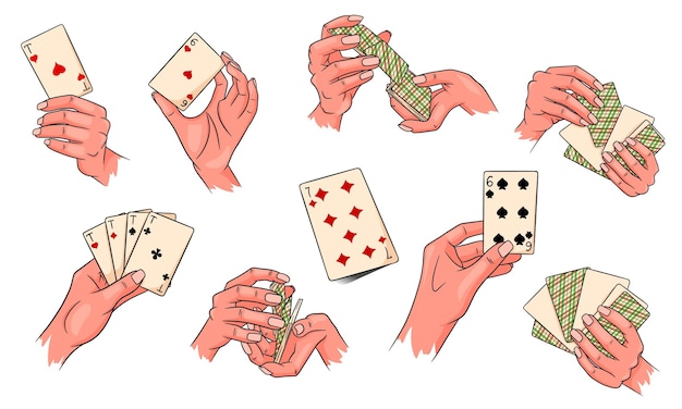 Jogatina. jogando cartas na mão. casino, fortuna, sorte. grande conjunto. estilo de desenho animado. ilustração vetorial para design e decoração.