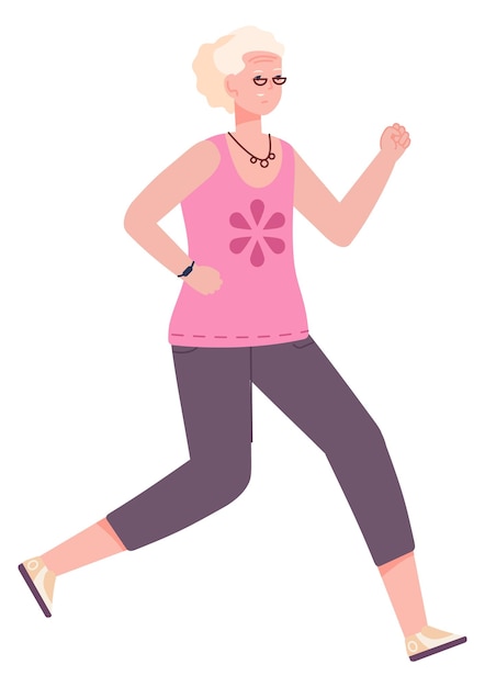 Jogging mulher sênior feliz personagem feminina ativa isolada em fundo branco