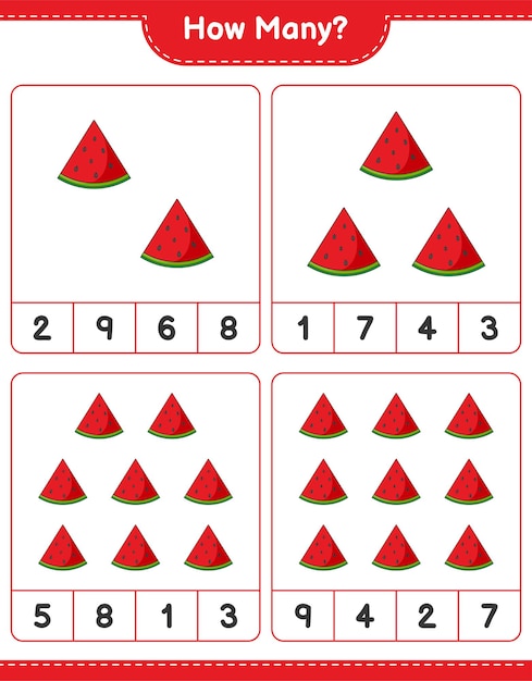 Jogo a contar, quantas melancias. jogo educativo para crianças, planilha para impressão