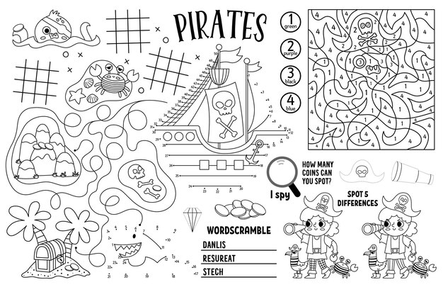 Jogo americano de pirata vetorial para crianças tapete de atividade imprimível de caça ao tesouro com gráficos de jogo da velha de labirinto conecte os pontos encontre a diferença tapete de jogo em preto e branco de aventura no mar ou página para colorir xa