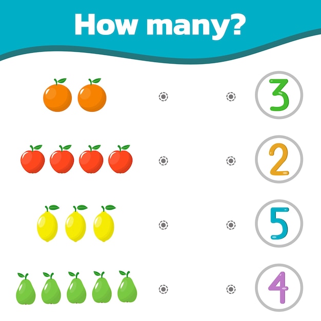 Jogo colorido de matemática para crianças. quantas frutas doces fofas existem. ilustração vetorial.