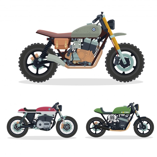 Jogo da ilustração da motocicleta do piloto do café do vintage