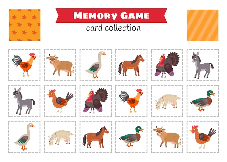 Vetor jogo da memória com animais de fazenda dos desenhos animados. vetor