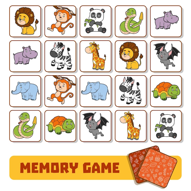 Vetor jogo da memória para crianças em idade pré-escolar, cartas de vetores com animais do zoológico