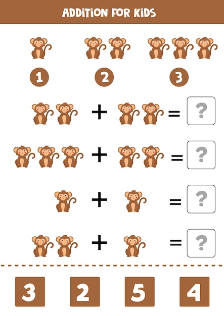 Jogo de adição com macaco bonito dos desenhos animados. jogo de matemática para crianças.