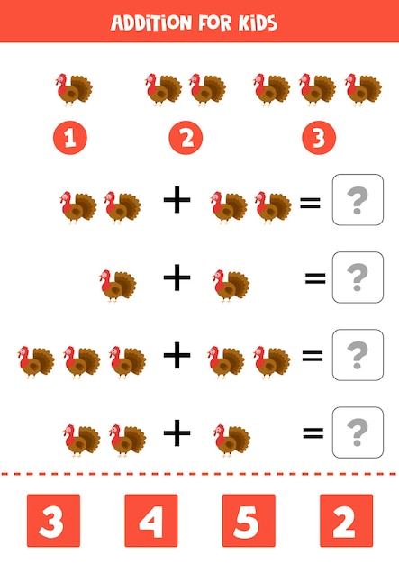 Jogo de adição com peru bonito dos desenhos animados. jogo de matemática para crianças.