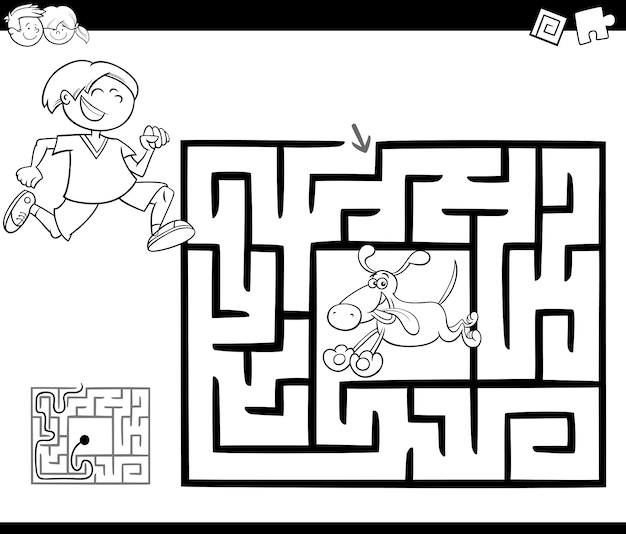 Jogo de atividade de labirinto com garoto e cachorro