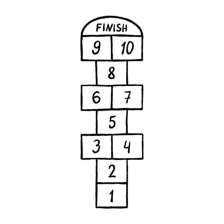 Vetor jogo de atividade infantil amarelinha. amarelinha com números pretos. jogo de verão ao ar livre. ilustração em vetor desenhada à mão isolada no fundo branco