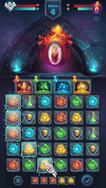 Jogo de campo de jogo de Monster battle GUI AlDiablo - janela de formato móvel de ilustração estilizada de desenho animado com botões de opções, itens de jogo, cartas.