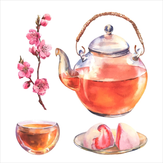 Jogo de chá asiático em aquarela com bule transportador, xícara de chá, daifuku do Japão e ramo de sakura.