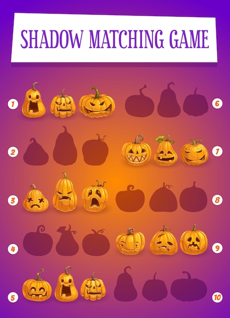 Jogo de combinação de sombras para crianças com abóboras de halloween. atividade de jogo de criança em idade pré-escolar, enigma de quebra-cabeça de crianças ou modelo de exercício. abóbora de halloween jack o lanterns com rostos sorridentes e zangados