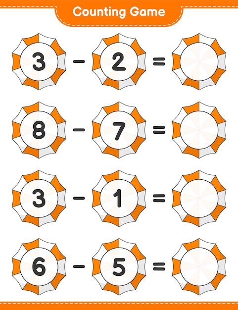 Jogo de contagem, conta o número de guarda-chuva de praia e escreve o resultado. jogo educativo para crianças