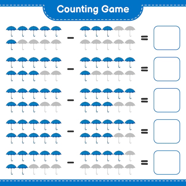 Jogo de contagem, conta o número de guarda-chuva e escreve o resultado jogo educativo para crianças